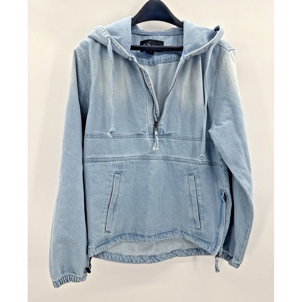 Vintage Y2K Anorak Jacket Mens Lightwash Blue Denim Pullover Hooded Large Pocket